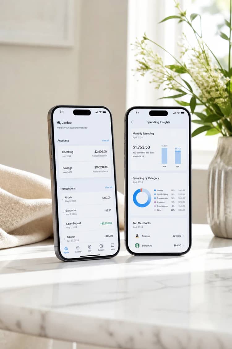 Two smartphones on white marble showing light-mode mobile apps