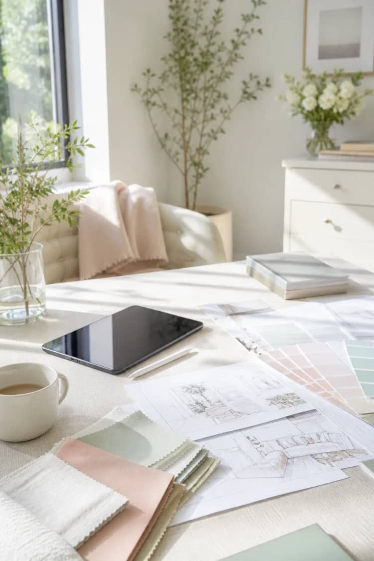 Sunlit designer desk with a tablet, stylus and layout sketches