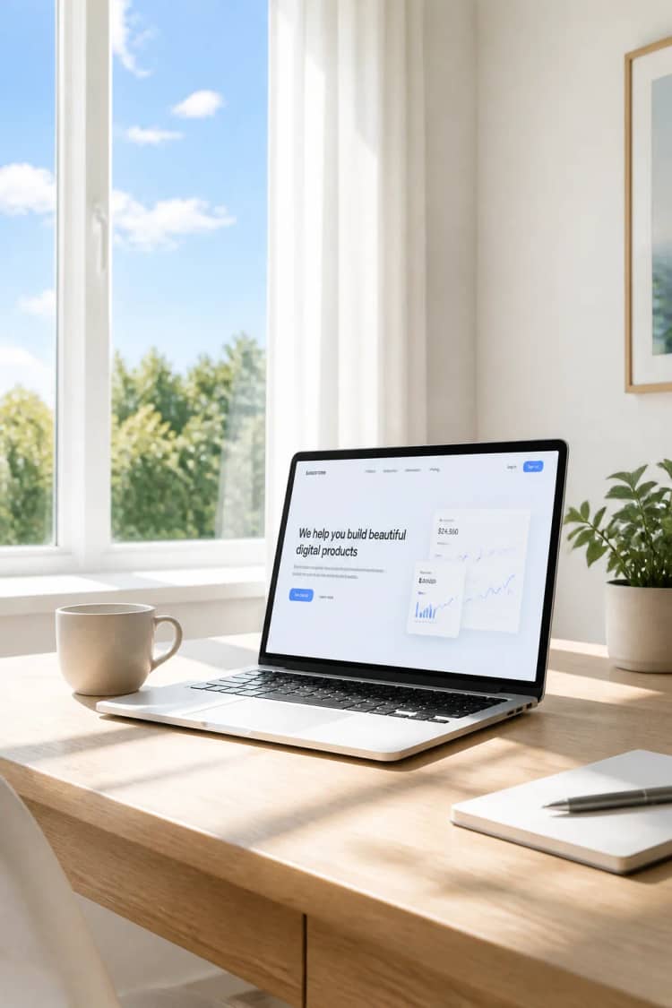 Sunlit laptop on a white desk showing a light-mode website