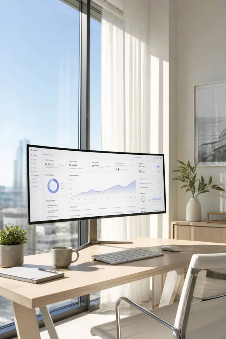Sunlit desk with an ultrawide light-mode analytics dashboard by large windows