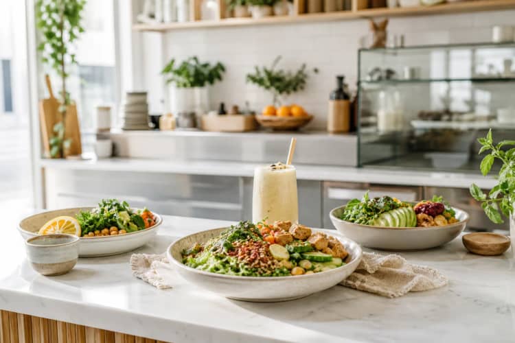 Bright cafe counter with ceramic bowls of grain bowls, greens and a smoothie