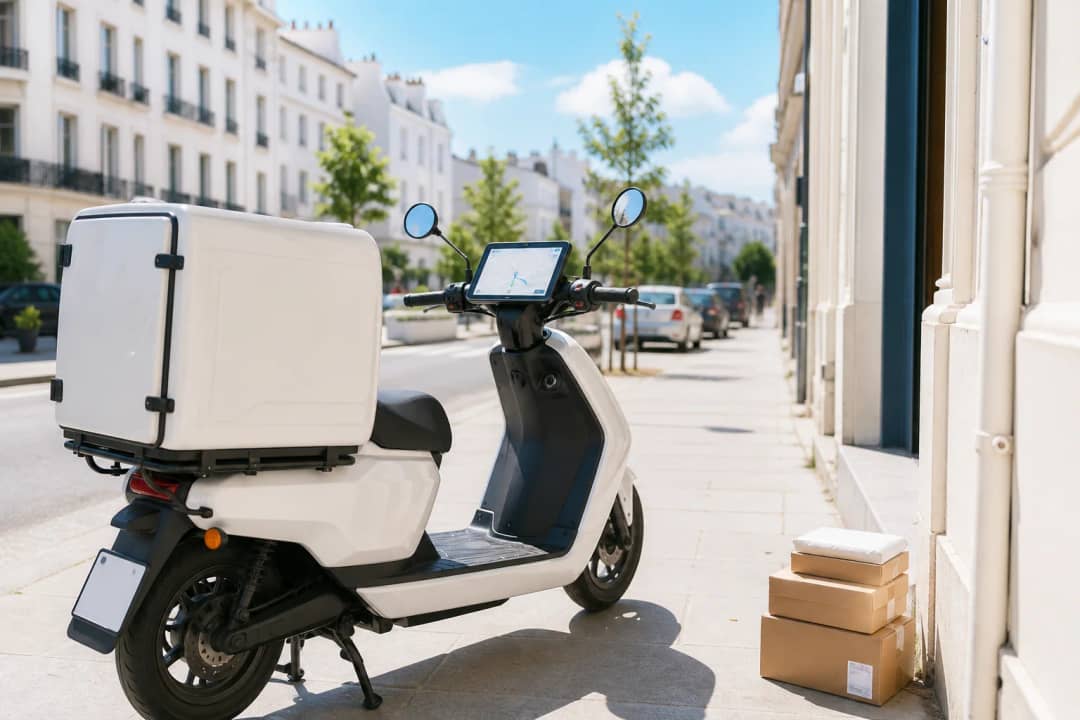 White delivery van on a sunlit city street with a light-mode route map on the dashboard