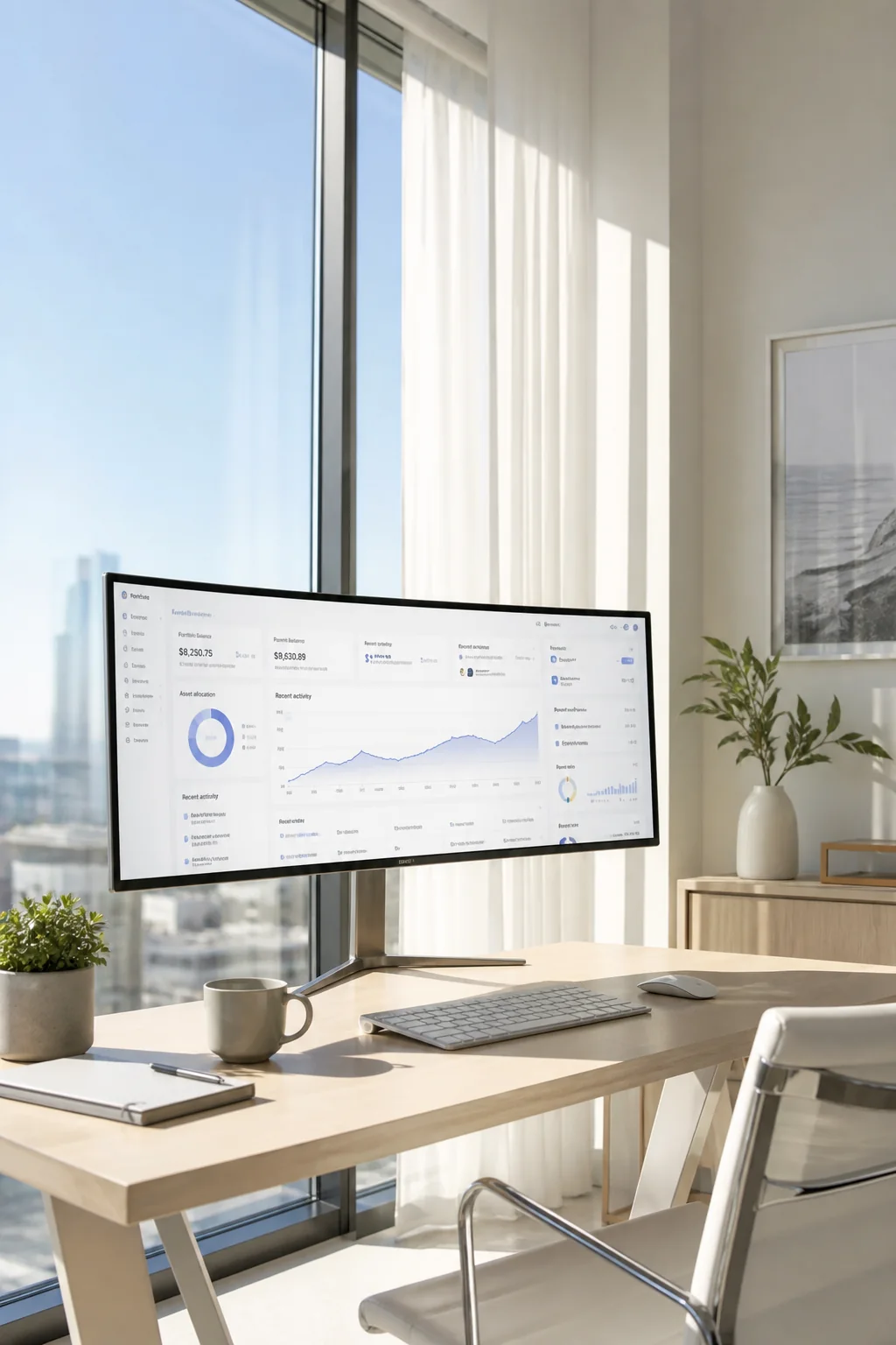 Sunlit desk with an ultrawide light-mode analytics dashboard by large windows